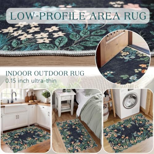 Front Door Mat Indoor Outside Entrance - 2x3 Dark Navy Floral Rug - Image 5