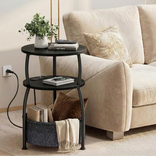 Round Side Table with Charging Station, USB Type C Port, Black - Image 6
