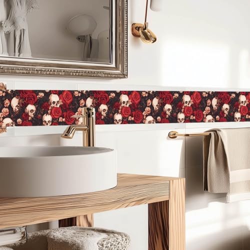 IVN Wallpaper Border Peel and Stick Wall Skull and Rose Floral 4x196 Inch | Wall Trim Self Adhesive Borders for Walls Mirror Border Frame Accent Strip for Bedroom Kitchen LivingRoom Decor - Image 6