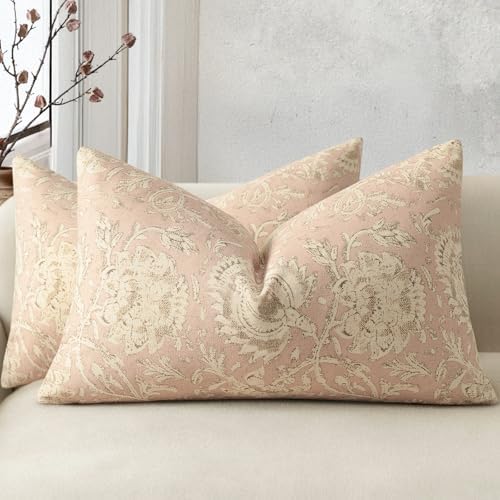 Vintage Floral Print Throw Pillow Covers 12x20 Set of 2 Neutral Modern Farmhouse Pillowcases Accent Decorative Cushion Covers Boho Home Decor for Couch Sofa Chair Bed Living Room, Champagne Pink by DKwizme