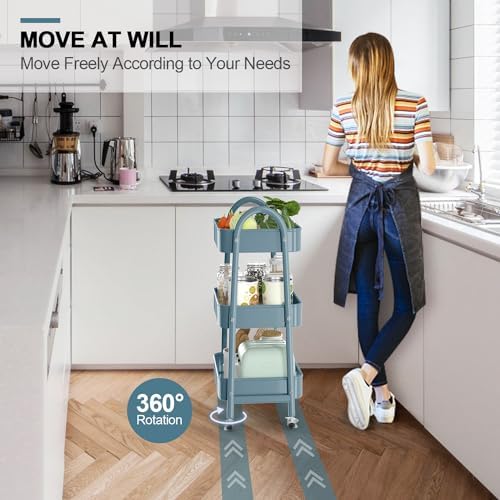 3 Tier Utility Rolling Cart, EAGMAK Metal Storage Cart with Handle and Lockable Wheels, Multifunctional Storage Organizer Trolley with Mesh Baskets for Kitchen, Living Room, Office, Garage (Blue) - Image 3