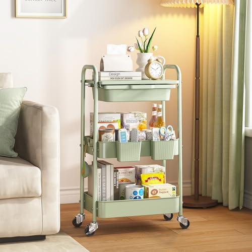 KINGRACK 3 Tier Metal Rolling Cart with Drawer, Green Utility Storage Cart | 2 Cups & 4 Hooks, Lockable Wheels, Trolley Organizer for Bathroom, Kitchen, Office, Nursery, Dorm, Laundry, Craft Room - Image 2