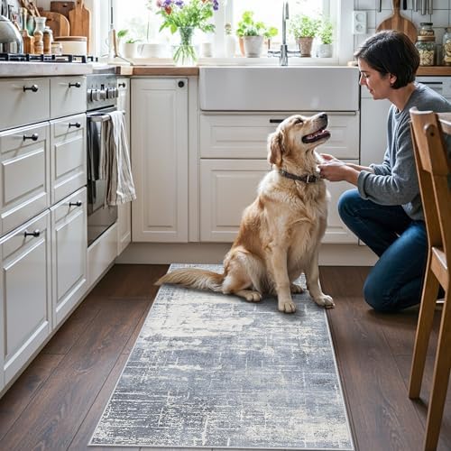 Washable 2x4 Kitchen Area Rugs: Abstract Stain-Resistant Sink Rug Non-Slip Durable Doormat Ultra Soft Bedroom Nursery Besides Carpets Indoor Water Resistant Bathroom Floor Mat(2x4,Blue/Ivory) - Image 2