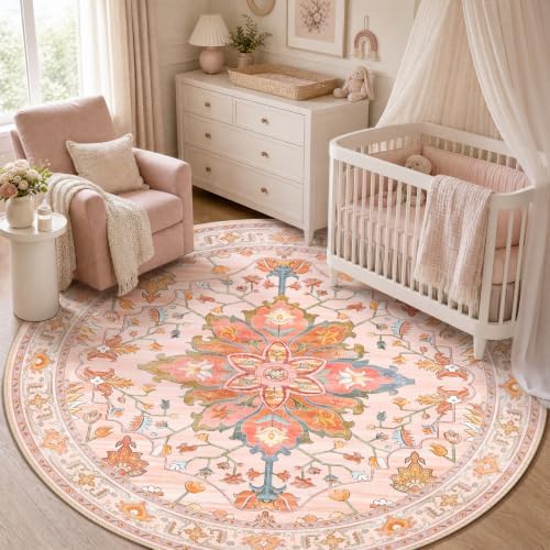 RELEANY Washable Area Rug, Round 5ft, Pink/Light Pink/Colorful by RELEANY