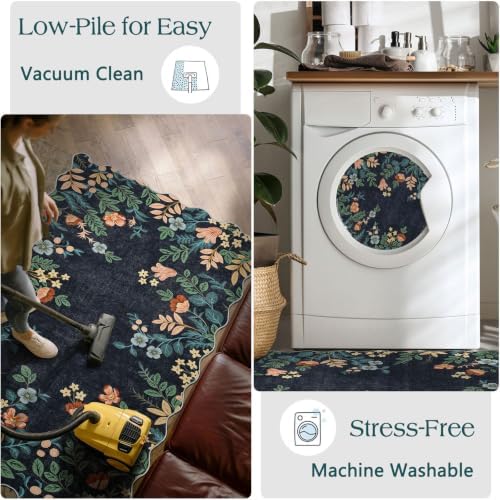 Dark Navy Floral Entry Rug - 3x5 Ft Washable Indoor Outdoor Mats for Front Door Porch Rug Non-Slip Spring Door Mat Boho Throw Rugs for Living Room Bedroom Entryway Kitchen Office Porch Decor - Image 5