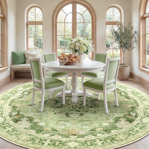 RELEANY Washable Area Rug, Round 10ft, Green/Yellow - Image 3