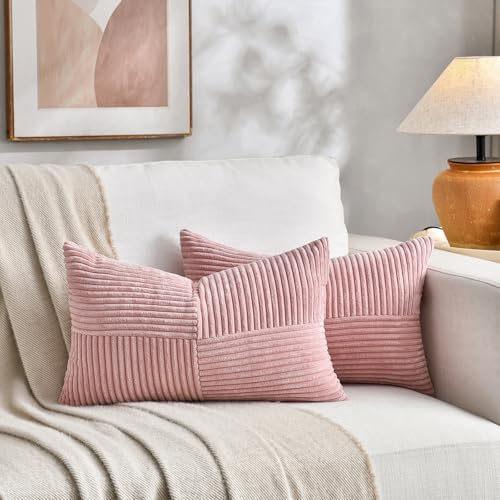 Fancy Homi 2 Packs Blush Pink Lumbar Decorative Throw Pillow Covers 16x26 Inch for Living Room Couch Bed, Rustic Farmhouse Boho Home Decor, Soft Striped Corduroy Rectangle Accent Cushion Case 65x40 cm - Image 5