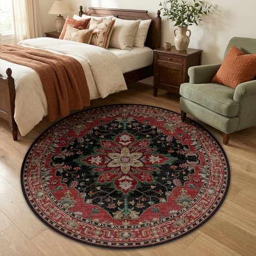 RELEANY Washable Area Rug, Round 5ft, Red/Black - Image 2