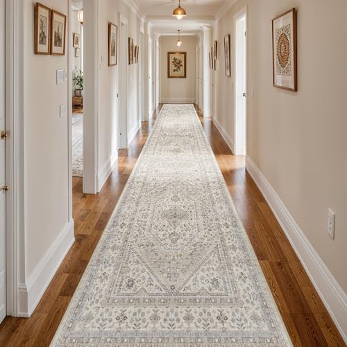 3x20 Washable Hallway Runner Rug - Non-Slip Vintage Kitchen Rugs Beige Gray - Image 3