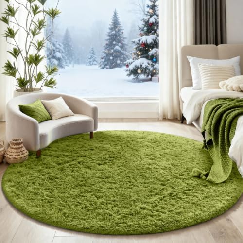Ophanie Round Rug 5Ft Green Circle Area Rug, Green Room Decor, Fluffy Fuzzy Bedroom Carpet, Plush Soft Shaggy Living Room Rugs for Kids Home Decor Aesthetic, Nursery with Over 99 pcs Pile fibers - Image 5