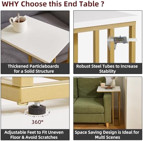 Aibiju Small Side Tables C Shaped, End Table, Small Table Stand for Living Room Bedroom, Little Bedside Table 16x12x25 inch White+Gold YD-TM051WG-2 - Image 4