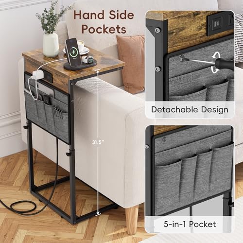 Vagusicc C-Shaped End Table Set of 2, Adjustable Height Side Table for Couch with Charging Station, Tall C Table Slide Under Sofa Table, TV Tray for Living Room, Bedroom, Bedside, Small Space, Brown - Image 6