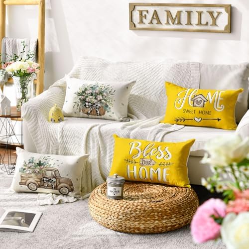 AVOIN colorlife Bless Our Home Farmhouse Eucalyptus Leaves Throw Pillow Covers, 12 x 20 Inch Yellow Truck Home Sweet Cushion Case Decorations Set of 4 - Image 2