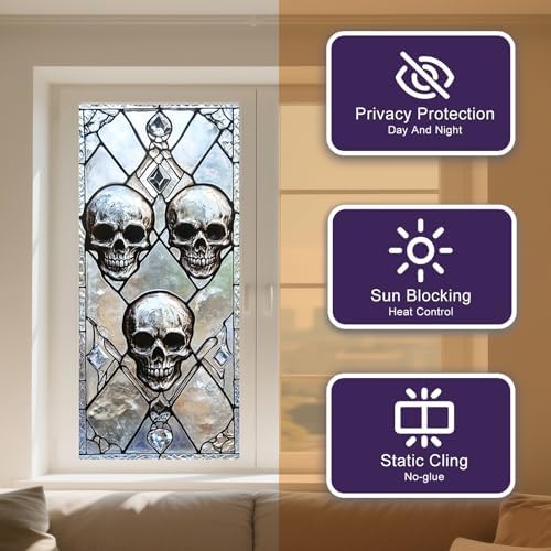 IVN Privacy Window Film Decorative Stained Glass Skull Design, - Image 2