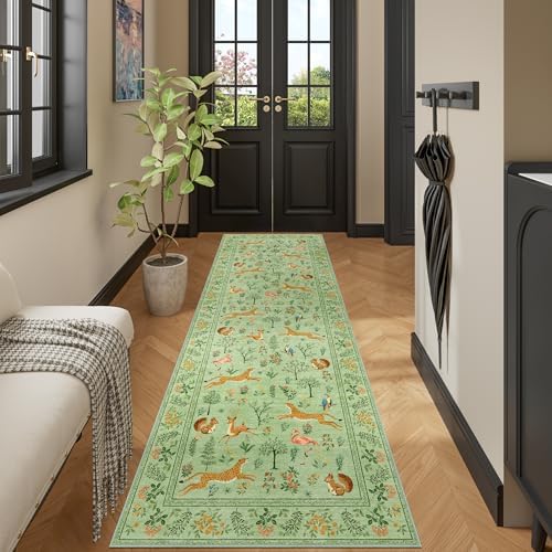 DUKINO 2x10 Rug for Hallway, Washable Kitchen Runner Rug with Non Slip Backing, Soft Low Pile Vintage Animal Runner for Bedroom, Kitchen, Hallway, Entryway, Laundry, Light Green - Image 5
