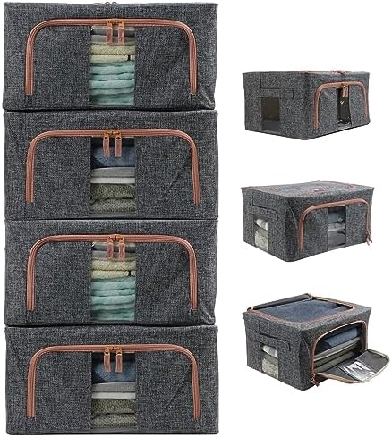 Linen Clothes Storage Bins, 4PCS Sturdy Closet Organizers and Storage Bin with Metal Frame, 2 Opening Ways Fabric Visible Lidded Storage Box for Organizing Clothing,Jeans,Sheets (4PC Gray, 22Liters) - Image 7