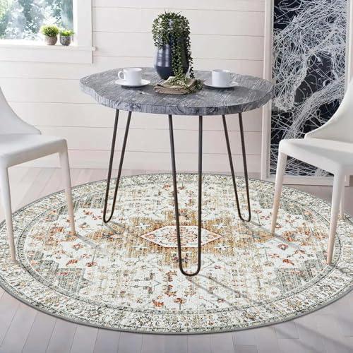 Moynesa Washable Round Rug 4ft, Vintage Medallion Area Rug Distressed Neutral Circle Rug, Soft Non Slip Low Pile Carpet for Living Room Bedroom Dining Room Nursery, Beige/Gold - Image 7