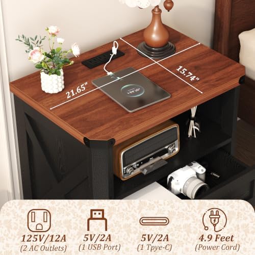 Yusong 23.62" Tall Farmhouse Nightstand, Rustic Wooden Night Stand with Charging Station, Beside Table with Drawers and Open Storage, End Tables for Bedroom, Black - Image 4