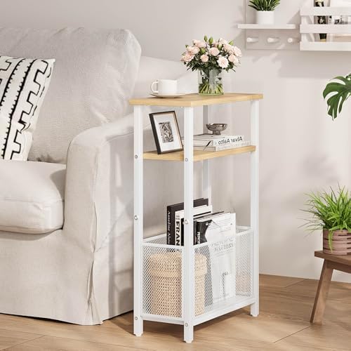 MMEOLUOOK Narrow Side Table with Storage Basket Skinny End Tables for Smalls Spaces 3 Tier Sofa Table Small Nightstand Slim Bedside Table for Living Room Bedroom Natural Wood MLBZ22Y - Image 2