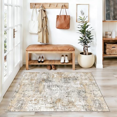 3x4 Modern Entryway Area Rug - Machine Washable Non-Skid Low Pile Indoor Mat for Bathroom,Living Room, Bedroom - Abstract Neutral Small Throw Soft Carpet with Rubber Backing (Gold Grey) - Image 4