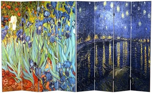 Red Lantern 6 ft. Tall Double Sided Works of Van Gogh Canvas Room Divider - Irises/Starry Night Over Rhone 4 Panel Freestanding Folding Privacy Screen Partition Separator for Modern and Contemporary by RedLantern