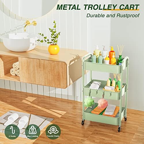 LEHOM 3 Tier Rolling Cart, Metal Rolling Utility Cart with Lockable Wheels - Image 2