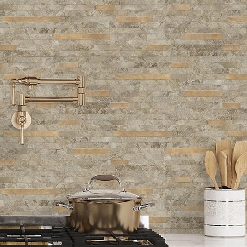 STICKGOO 2 Sheets Peel and Stick Backsplash Tile, Stick on Backsplash for Kitchen and Bathroom, Stone Beige Marble Look PVC Mixed Metal Gold Self Adhesive Wall Tiles - Image 5