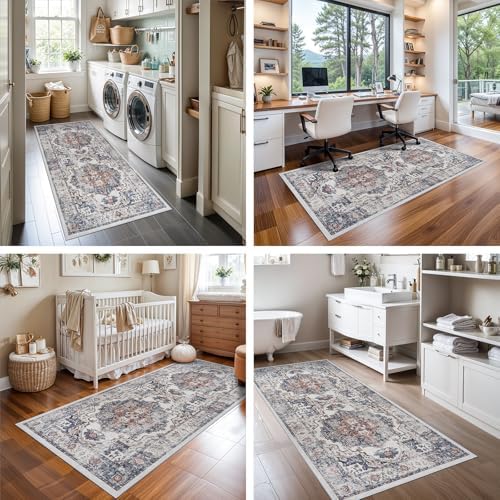 Hallway Washable Runner Rug - 3x6 Kitchen Rugs Entryway Rug Runner Vintage Soft Floor Mat Non Slip Indoor Farmhouse Carpet for Bathroom Living Room Bedroom (3 X 6, Brick) - Image 4