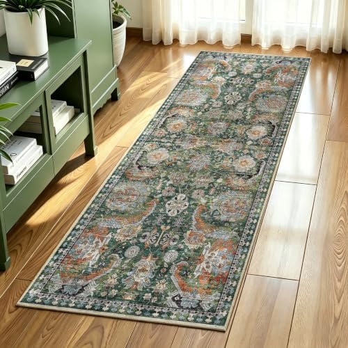 RUGSURE Washable Area Rugs - Perfect for Living Room, Bedroom, Kids Room, Nursery - Stain & Water Resistant Non-Slip, Pet & Child Friendly, Vintage Tribal Area Rugs (Green, 2'6'' x 8') by RUGSURE