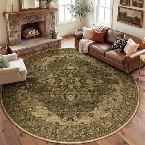 RELEANY Washable Area Rug, Round 8ft, Brown/Dark Brown by RELEANY