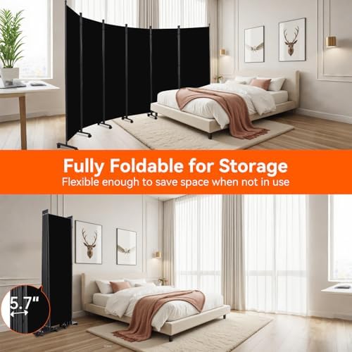 88" W 4 Panel Room Divider, Portable Privacy Screen W/Wheels Freestanding - Image 6
