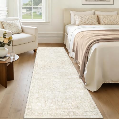 2x8 Hallway Runner Rug: Washable Vintage Floral Entryway Rugs Low Pile Non-Slip Boho Carpet for Kitchen, Bedroom, Bathroom, Dining Room (Beige, 2'x8') - Image 4