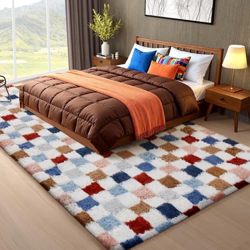 Ophanie Checkered Rainbow Rug for Living Room Bedroom,Colorful Fluffy Soft Cute Fuzzy Area Rugs,Shag Plush Shaggy Bedside Floor 8x10 Furry Carpet for Kids Teen Dorm Decor with Over 99 pcs Pile fibers - Image 5