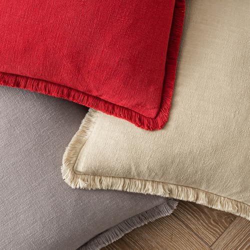 MIULEE Boho Linen Fringe Decorative Throw Pillow Covers Red 18x18 - Image 4