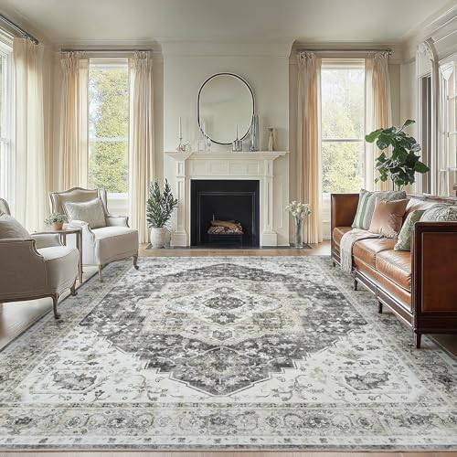 AMADA HOMEFURNISHING Grey 8x10 Area Rug, Washable Low-Profile Large Area Rug with Non-Slip Backing & Durable Edge Binding, Vintage Large Rugs for Living Room, Bedroom by AMADAHOMEFURNISHING