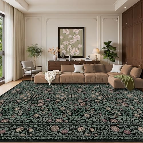 8x10 Area Rug Living Room: Soft Floral Washable Carpet Dark Green - Image 2