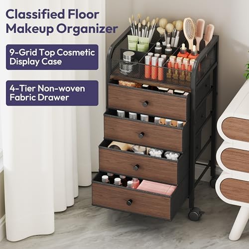 SWTYMIKI Rolling Makeup Organizer Cart - 14.96″*11.81″*27.55″ Widened Under Desk Vanity Storage with 4 Non-woven Drawers, Cosmetic Display Cases for Skin Care Perfume Nail Polish Brush Hair Tool Black - Image 6