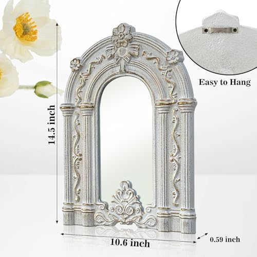2 Set Wood Carved Window Mirrors 3D Relief Arched Wall Decor Roman Column Antique Home Accent Small Decorative Mirrors for Living Room, Bathroom, Entryway - Image 3