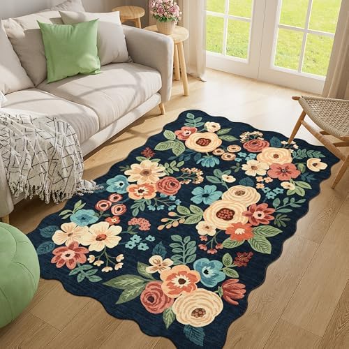 DUKINO 4x6 Area Rug, Non Slip Floral Washable Living Room Rug, Navy Blue - Image 4