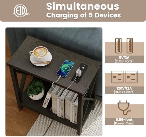 Hadulcet Farmhouse Side Table with Charging Station - Narrow Bedside Table for Small Space, Slim End Table, Rustic X-Design Nightstand for Living Room, Bedroom, Classic Black - Image 5