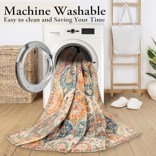 Lahome Moroccan Washable Area Rugs 8x10, 8x10 Rugs for Living Room Bedroom, Non Slip Low Pile Distressed Stain Resistant Rug for Kids Pets High Traffic Areas Elise, Burnt Orange - Image 5