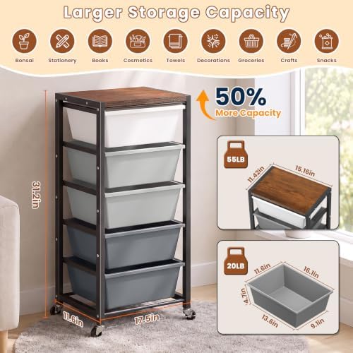 Rolling Cart with 5 Drawers, Plastic Drawer Storage Carts with Wheels & Wooden Tabletop, Metal Utility Cart for Office Bedroom Living Room Classroom, Craft Organization and Storage, Grey - Image 3