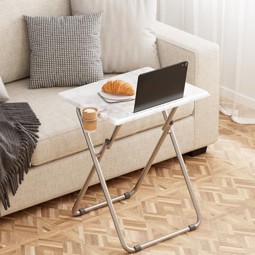 Folding TV Tray Tables, TV Dinner Trays for Eating, Portable Tv Trays with Cup Holder, Folding Tray Side Table, Foldable Snack Table for Bed, Sofa, (White Marble, 1PC) - Image 6