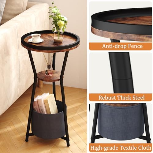 Yusong Round Side Table, Small Drink Table for Small Spaces, 3-Tier Industrial End Table, Accent Nightstand Bedside Table for Living Room, Bedroom, Sofa Couch, Rustic Brown - Image 5