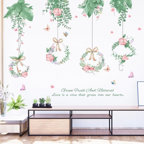 Hanging Green Vine Wall Decals,Succulent Plants Wisteria Floral Flowers Butterflies Birds Wall Stickers, Self-Adhesive Vinyl Removable Living Room Sofa TV Wall Decor - Image 4