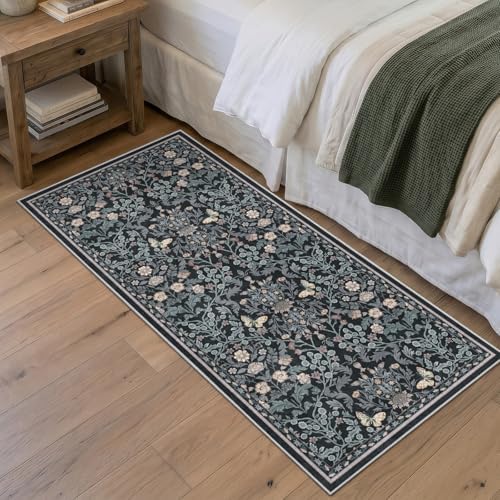 Puino 2x4 Washable Area Rug - Non Slip Vintage Throw Rugs Floral Dark Blue - Image 4