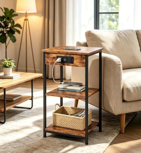 WLIVE End Table with Charging Station, Small Night Stand Rustic Brown - Image 6