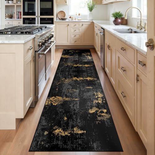 RELEANY Washable Runner 2'x6' Abstract Area Rug for Hallway Black Gold by RELEANY