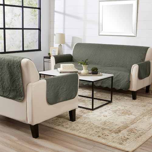 Great Bay Home Reversible Loveseat Cover - Washable Slipcover Furniture Protector with Elastic Straps - Perfect for Kids & Pets - Quilted & Stitched Detail (Sage Green/Light Gray) - Image 5