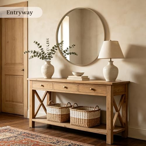 WallBeyond Round Wood Mirror, 40" Round Modern Decoration Large Circle Wall Mirror for Bathroom Living Room Bedroom Entryway, Natural - Image 3